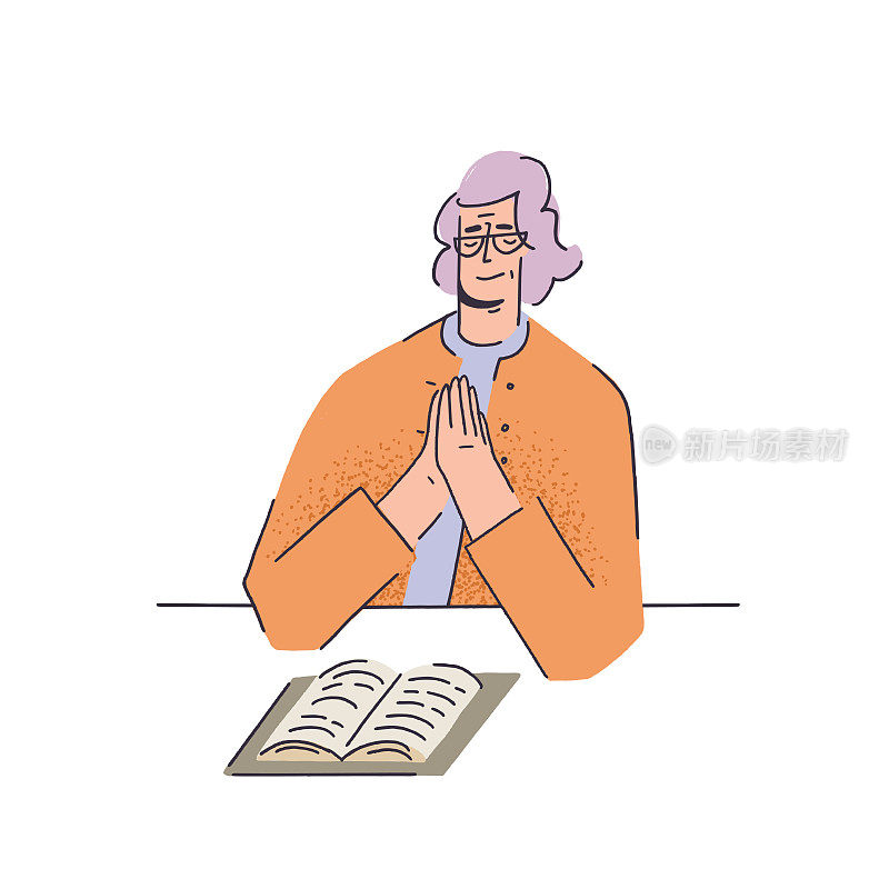 Woman praying over a book in flat style vector illustration.